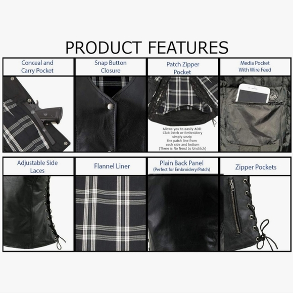 Xelement Unisex Black Leather Motorcycle Vest 4XL Conceal Carry Flannel Lined - Picture 3 of 16